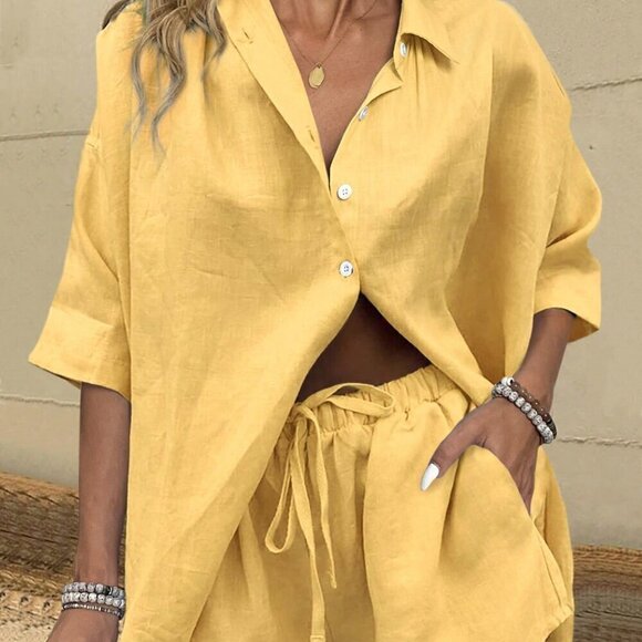Tops - Yellow Casual Women's Vacation Short Sleeve Shirt And Shorts Set